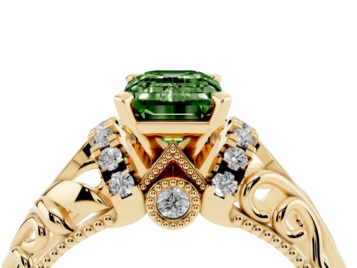Fancy Green Emerald Cut Solitaire Filigree Engagement Ring with Halo and Prong Setting Yellow gold