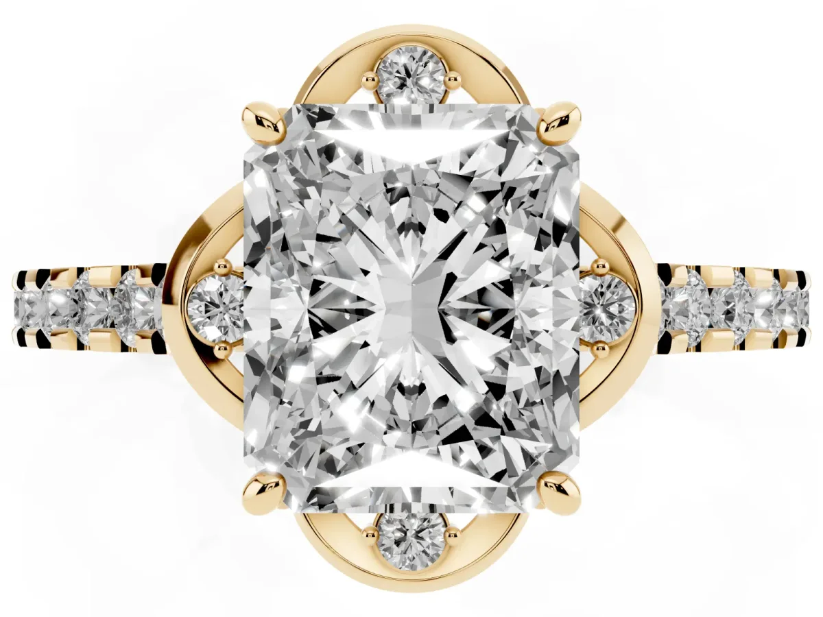 Radiant Cut Diamond Ring with Pavé Band and Floral Prong Setting Yellow gold