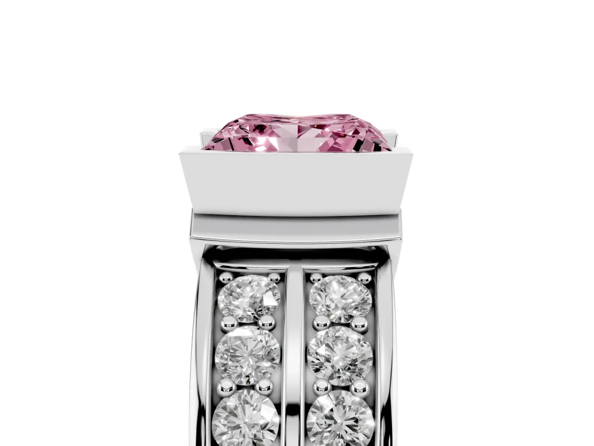 Fancy Pink Princess Cut Brilliant Diamond Channel Set Wide Band Ring with Bezel Setting Silver