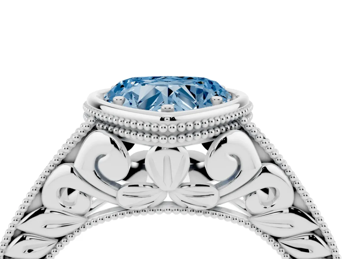 Fancy Blue Bezel Set Heart Cut Diamond Milgrain Pave Engagement Ring Silver