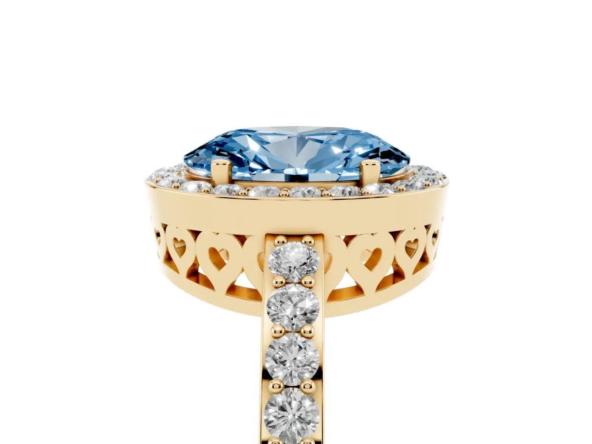Fancy Blue Oval Cut Halo Diamond Pavé Band Ring with Prong Setting Yellow gold