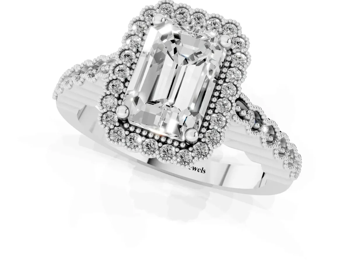 Radiant Cut Cut Halo Pavé Solitaire Ring with Milgrain Band Silver