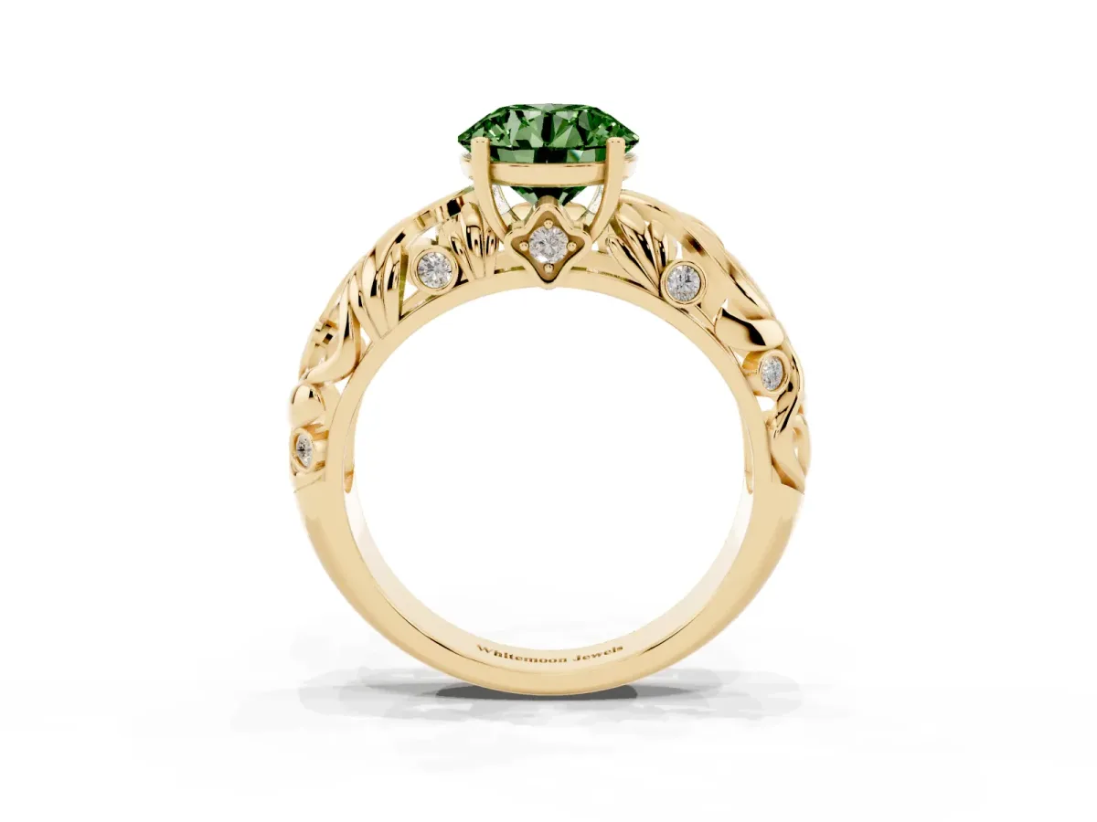 Fancy Green Round Cut Solitaire Diamond Leaf-Inspired Vine Band Ring with Prong Setting Yellow gold