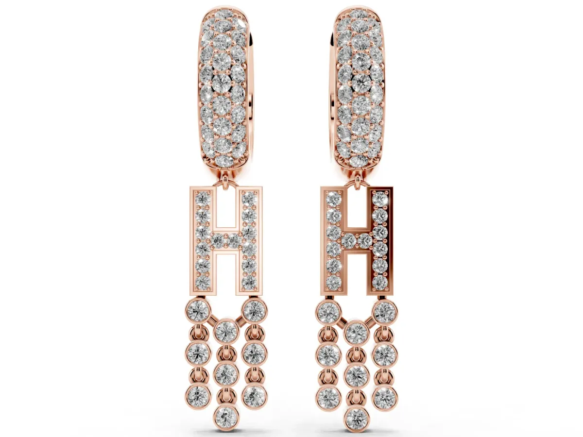Round Diamond Initial H Huggie Hoop Earrings Rose gold
