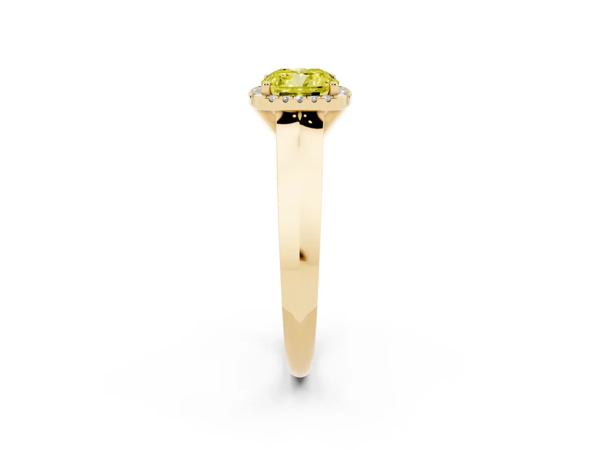 Fancy Yellow Cushion Cut Halo Diamond Ring with Cathedral Band and Four-Prong Setting Yellow gold