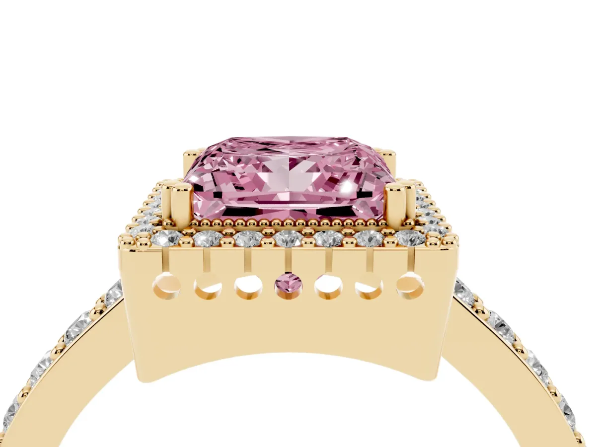Fancy Pink Princess Cut Cut Diamond Halo Engagement Ring with Milgrain Detail and Pavé Band Yellow gold