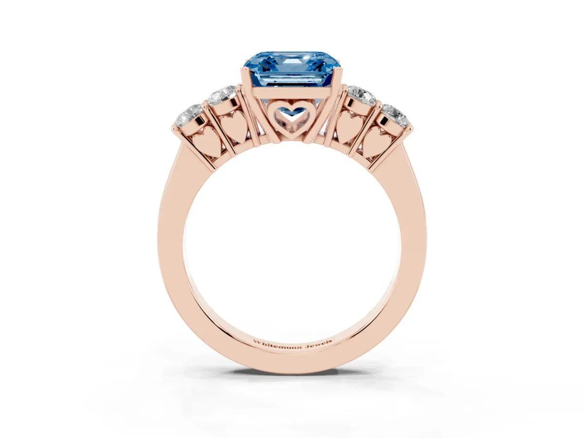 Fancy Blue Asscher Cut Cut Diamond Five-Stone Prong Set White Gold Ring Rose gold