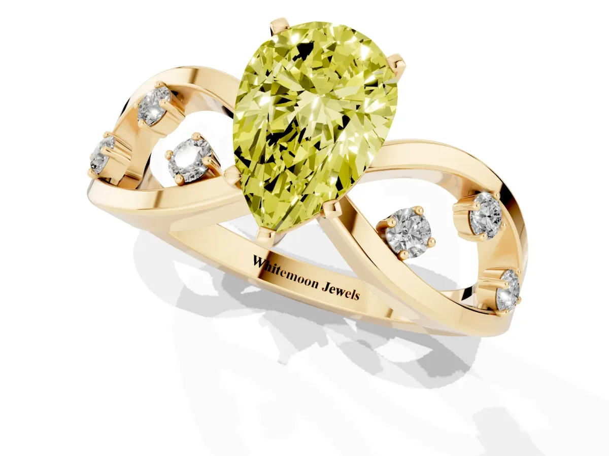 Fancy Yellow Pear Cut Cut Solitaire Diamond with Side Stones on Criss-Cross Band and Four-Prong Setting Yellow gold