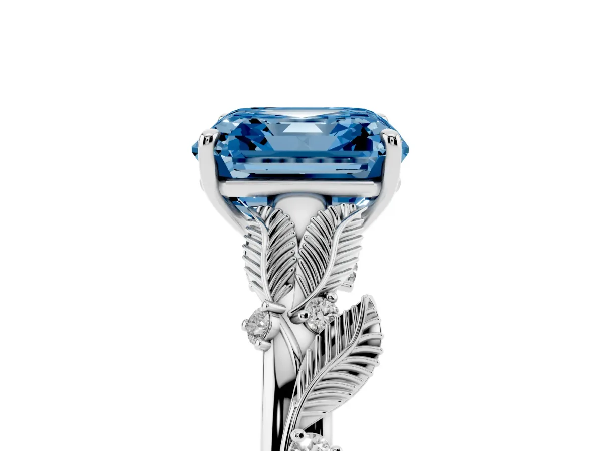 Fancy Blue Asscher Cut Diamond Solitaire Ring with Leaf Motif Band and Four-Prong Setting Silver