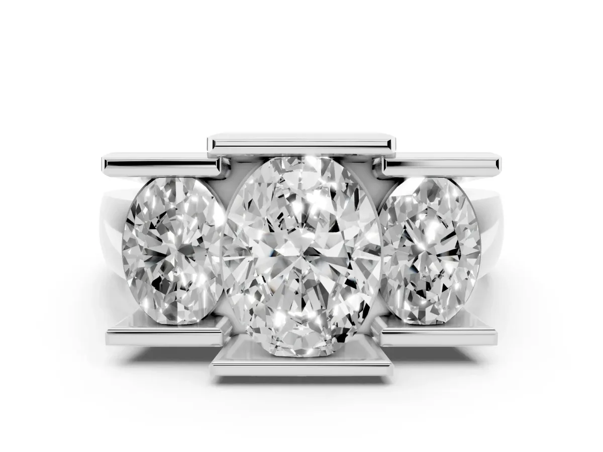 Three Stone Oval Cut Cut Channel Set Diamond Ring Silver