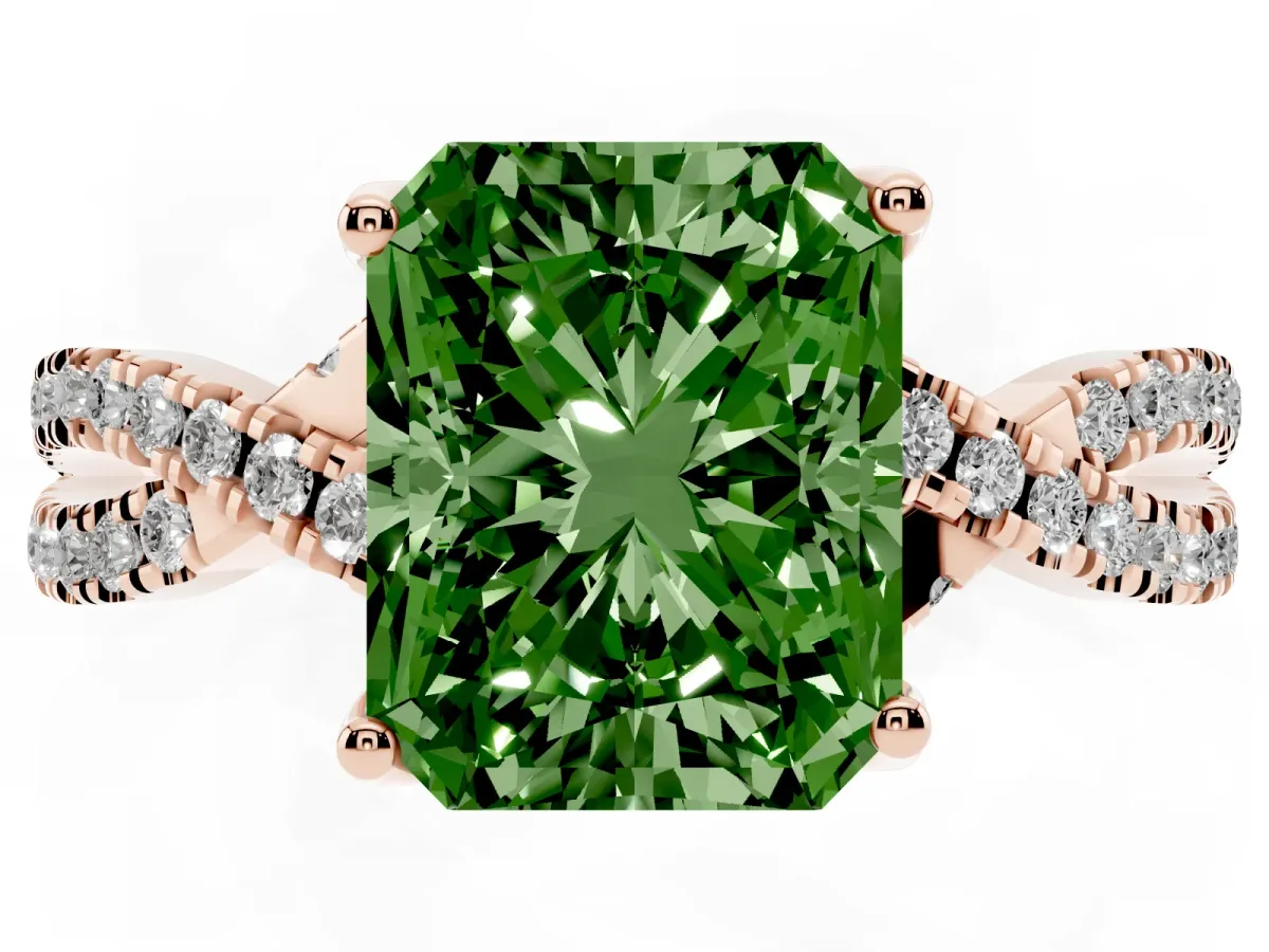 Fancy Green Radiant Cut Solitaire Twist Pave Diamond Engagement Ring with Prong Setting Rose gold