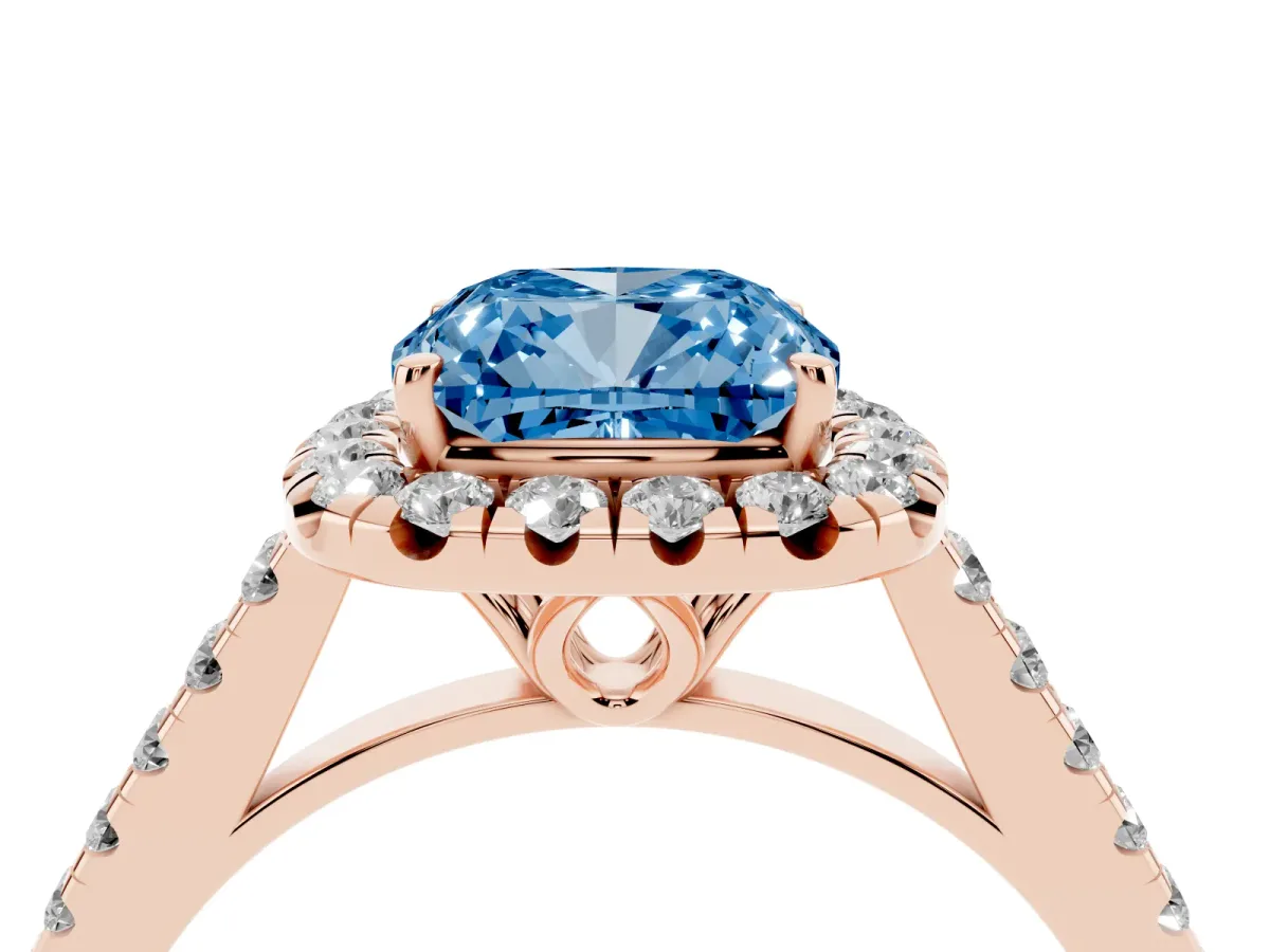 Fancy Blue Cushion Cut Halo Pavé Diamond Engagement Ring with Four-Prong Setting Rose gold