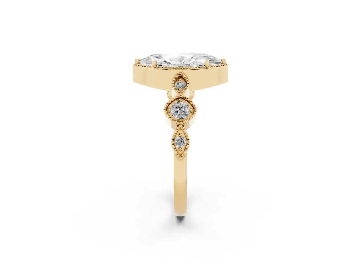 Marquise Cut Diamond Vintage Milgrain Ring with Round Stations Yellow gold