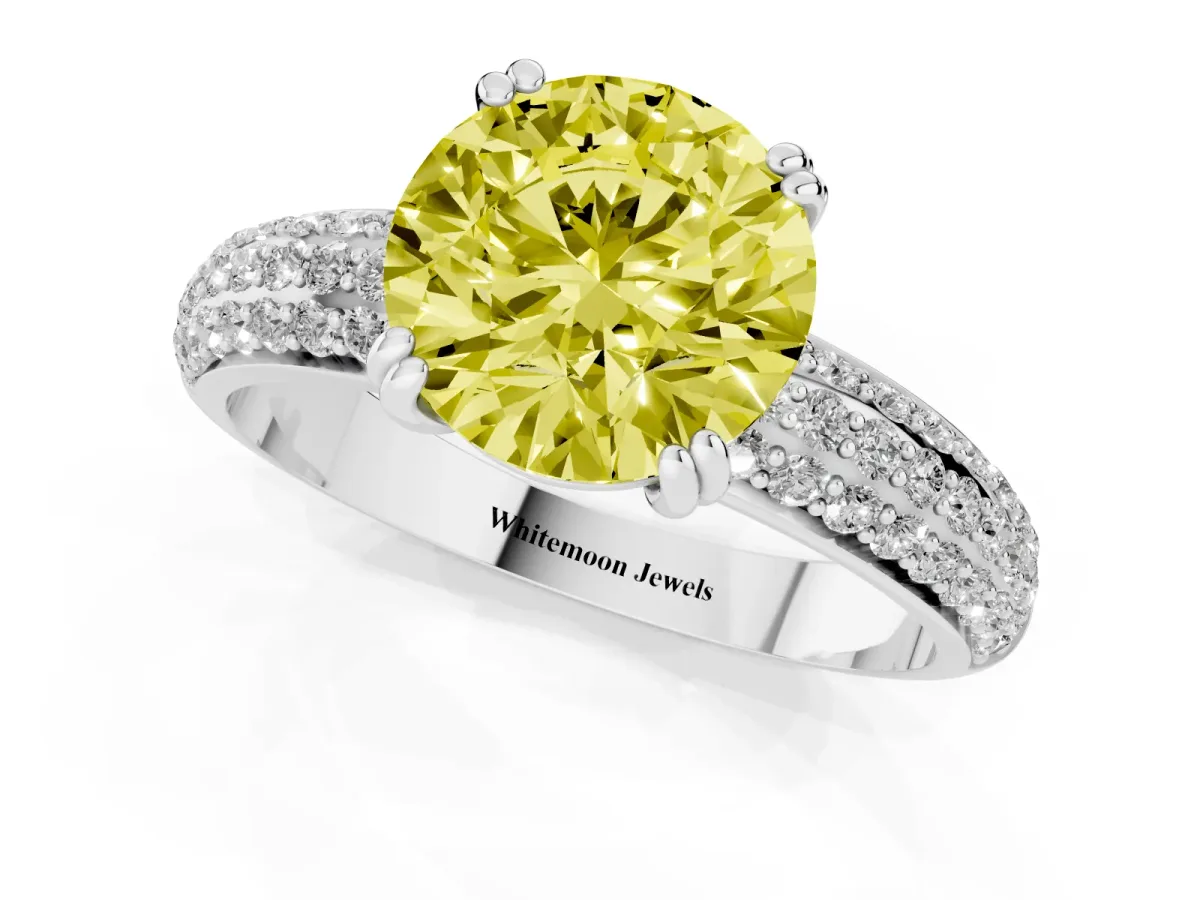 Fancy Yellow Round Cut Diamond Solitaire Ring with Multi-Row Round Pavé Band and Prong Setting Silver
