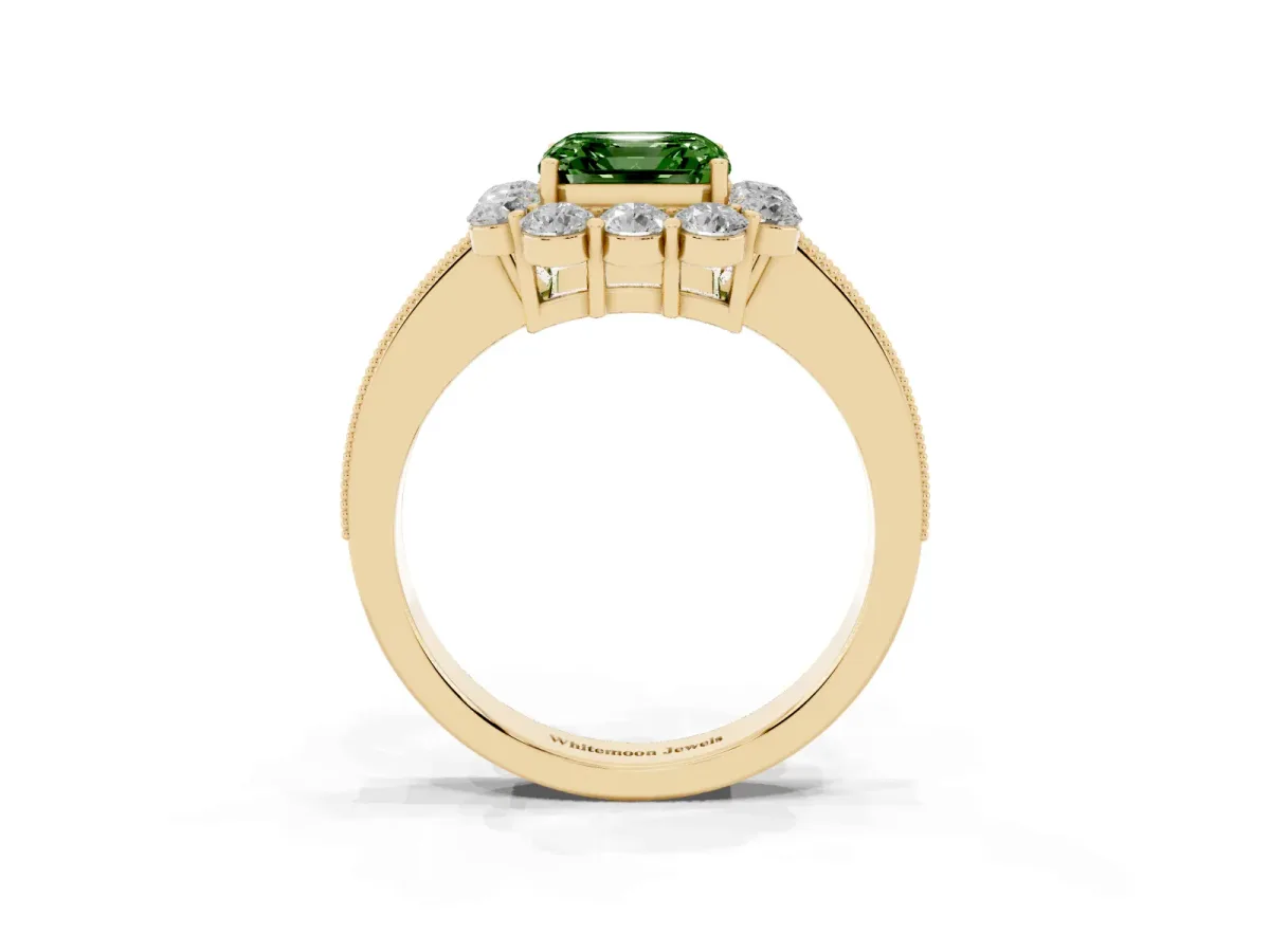 Fancy Green Asscher Cut Cut Halo Diamond Pavé Engagement Ring with Milgrain Detailing Yellow gold