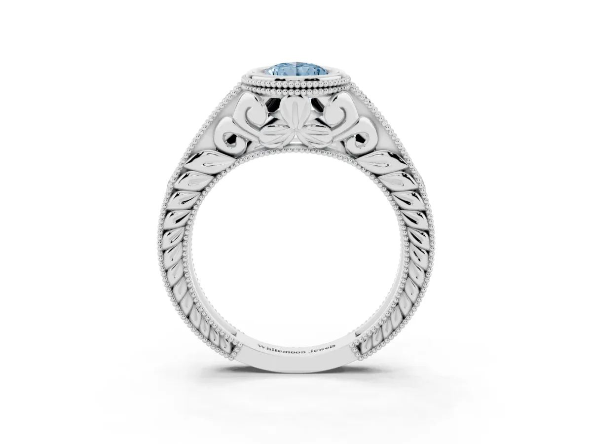 Fancy Blue Bezel Set Pear Cut Diamond Milgrain Pave Engagement Ring White gold