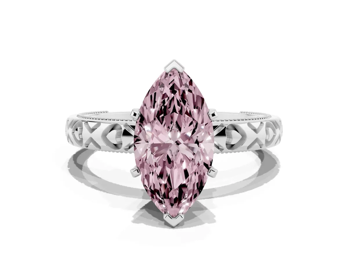 Fancy Pink Marquise Cut Solitaire Diamond Engagement Ring with XO Engraved Band and Four-Prong Setting White gold