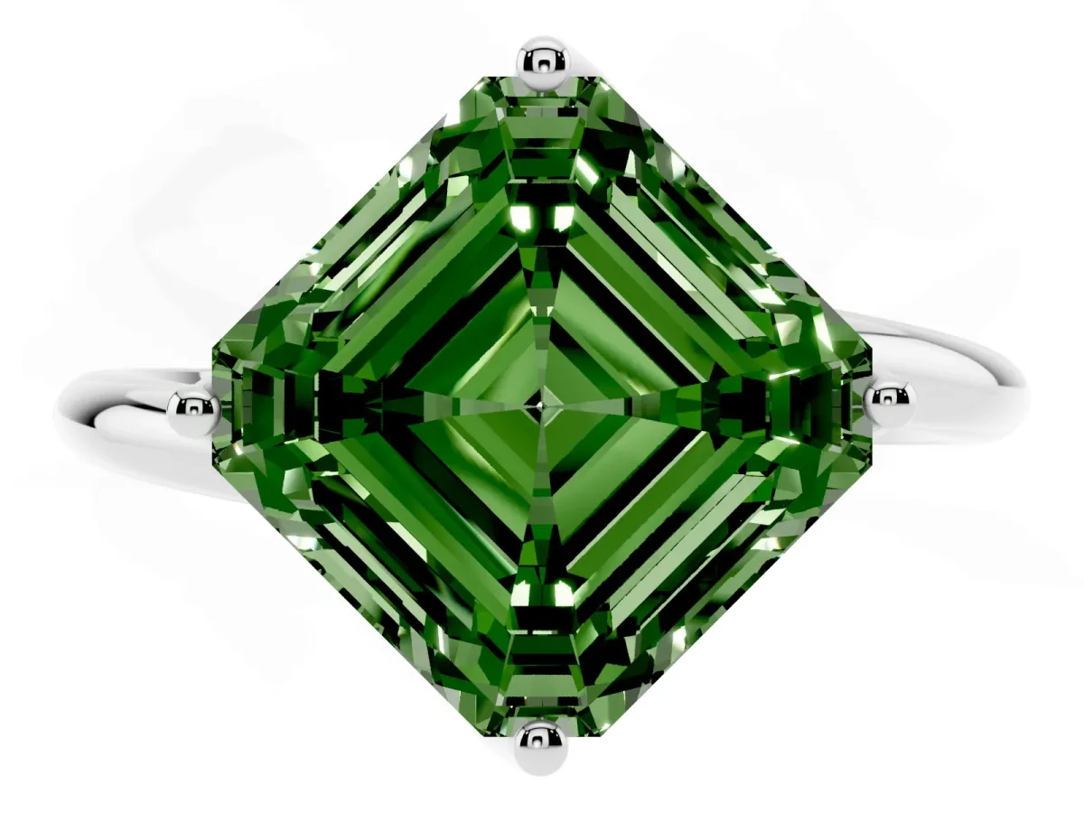 Fancy Green Asscher Cut Diamond Solitaire Engagement Ring with Four-Prong Setting and Classic Band Silver