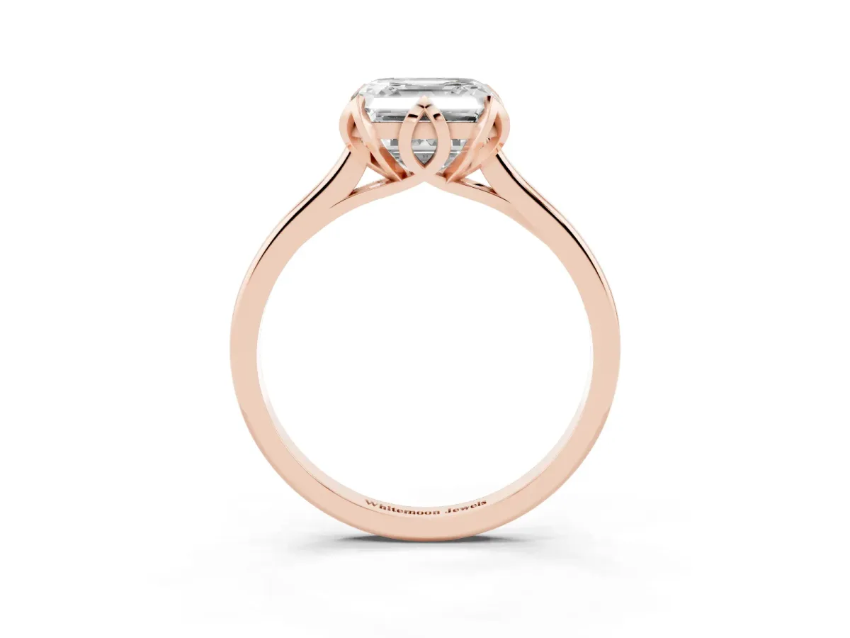 Asscher Cut Diamond Solitaire Ring with Flower Prong Setting and Classic Band Rose gold