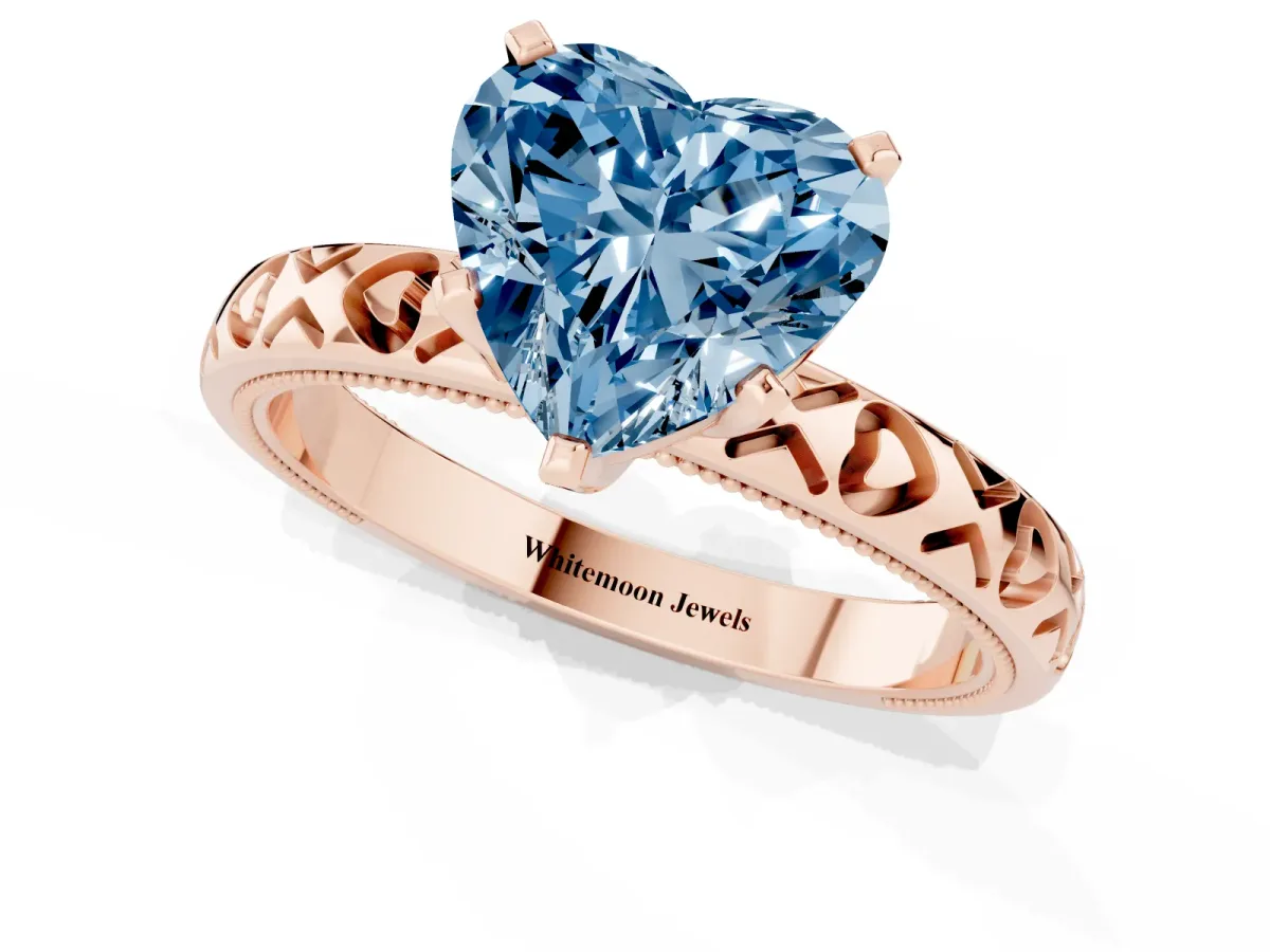 Fancy Blue Heart Cut Solitaire Diamond Engagement Ring with XO Engraved Band and Four-Prong Setting Rose gold