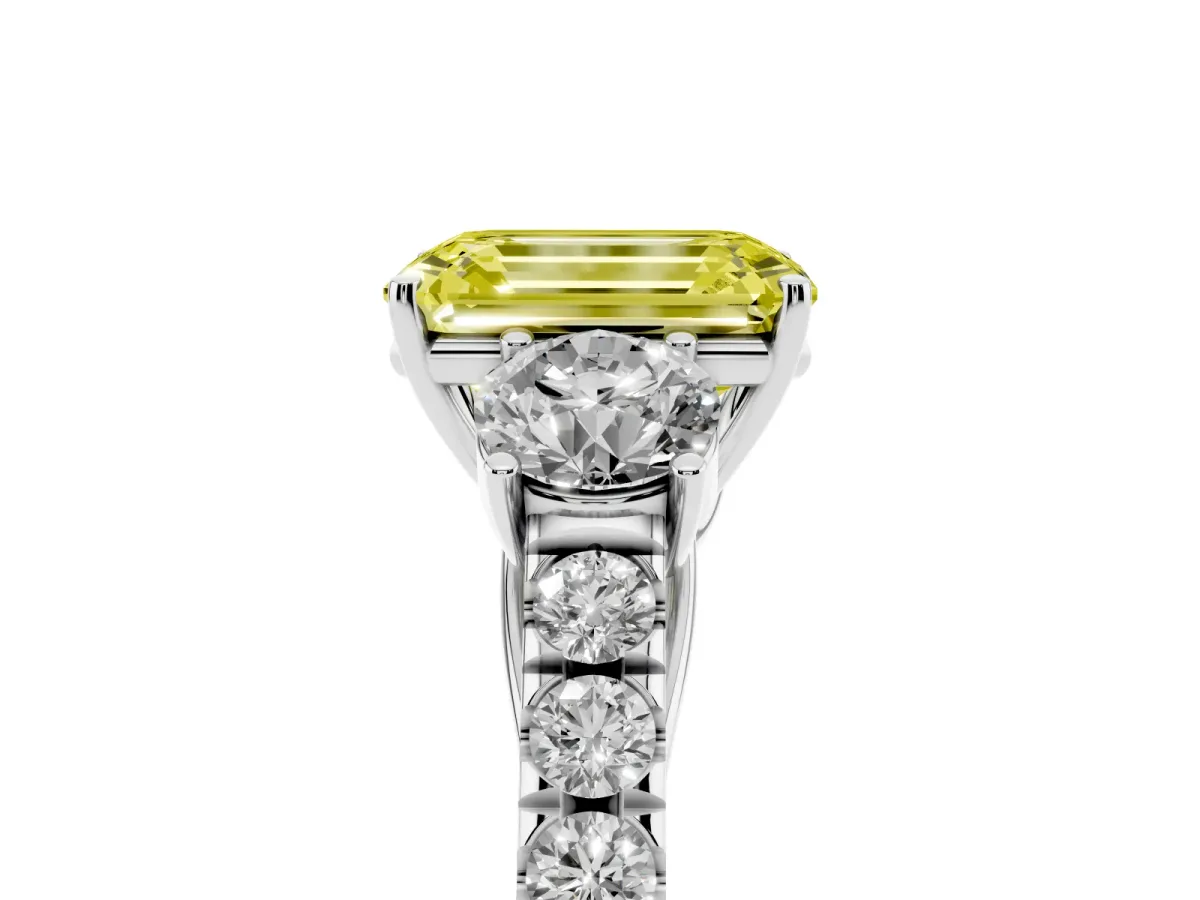 Fancy Yellow Emerald Cut Cut Diamond Three-Stone Ring with Round Side Stones and Pavé Band Silver