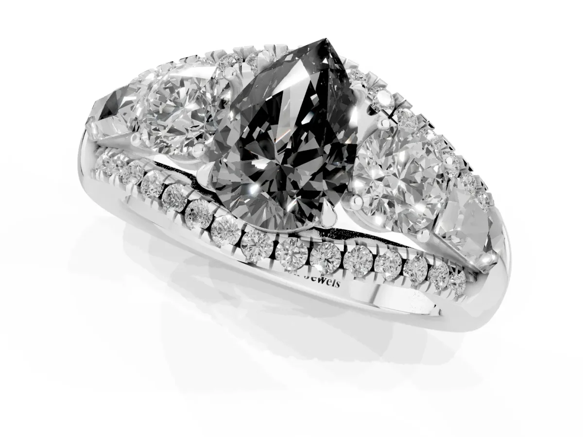 Fancy Black Three-Stone Pear Cut Diamond Engagement Ring with Pave Band and Prong Setting Silver