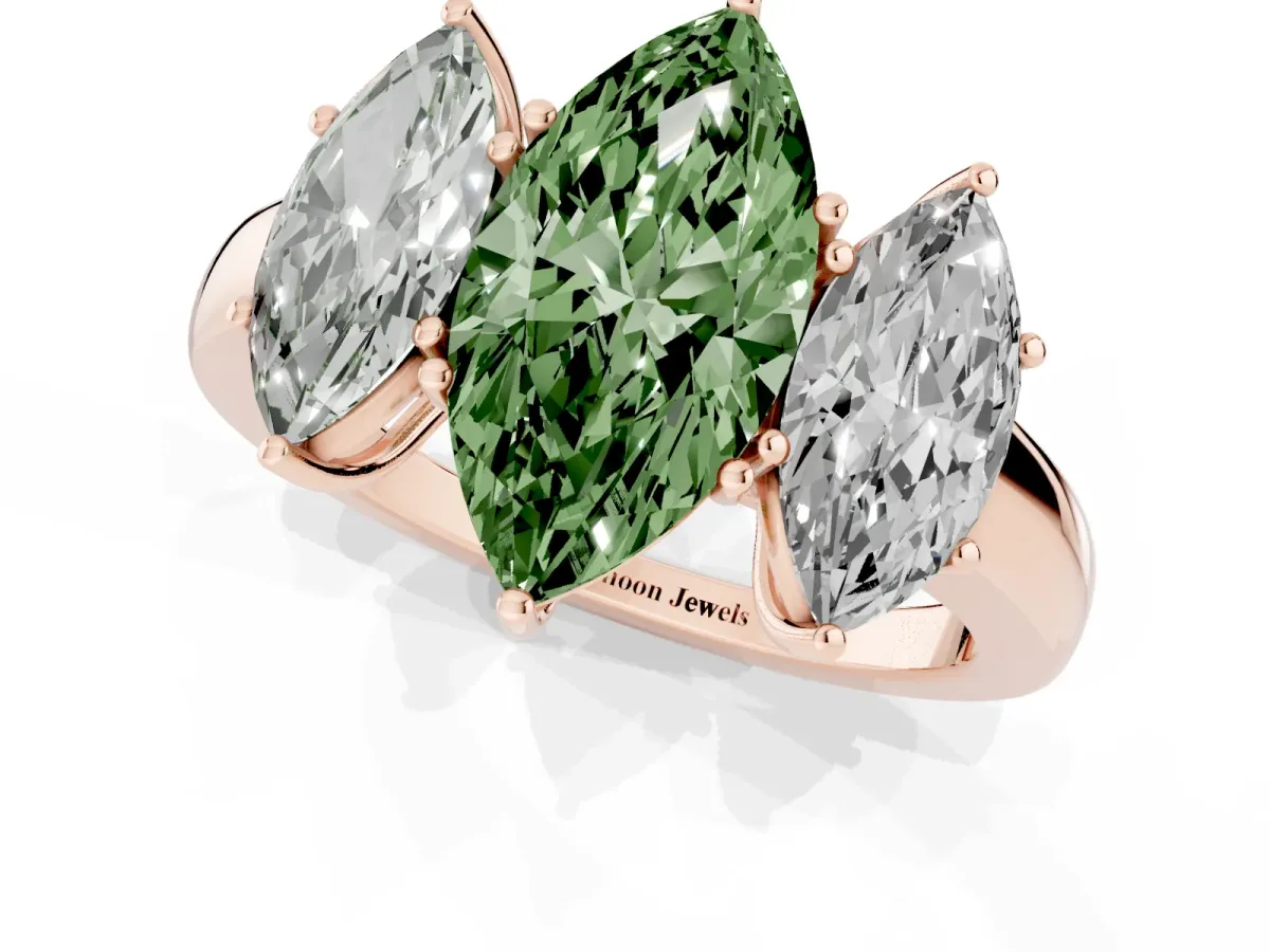Fancy Green Marquise Cut Diamond Three-Stone Ring with Four-Prong Setting and Classic Band Rose gold