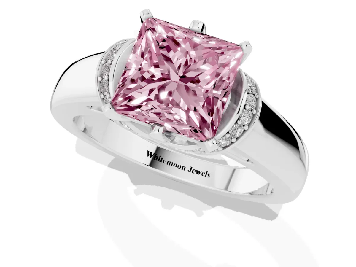 Fancy Pink Princess Cut Solitaire Diamond Ring with Pave Band and Six-Prong Setting White gold