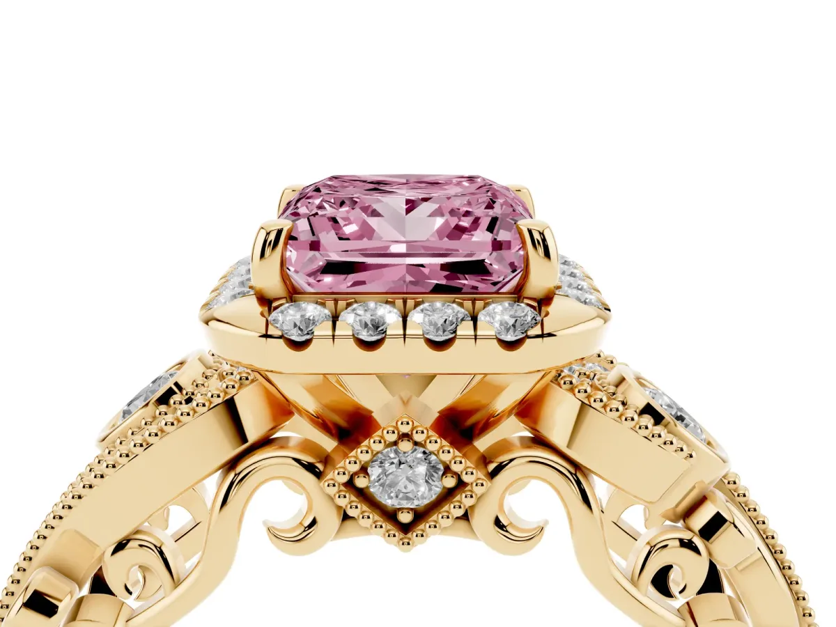 Fancy Pink Princess Cut Diamond Halo Ring with Milgrain Pavé Band and Four-Prong Setting Yellow gold