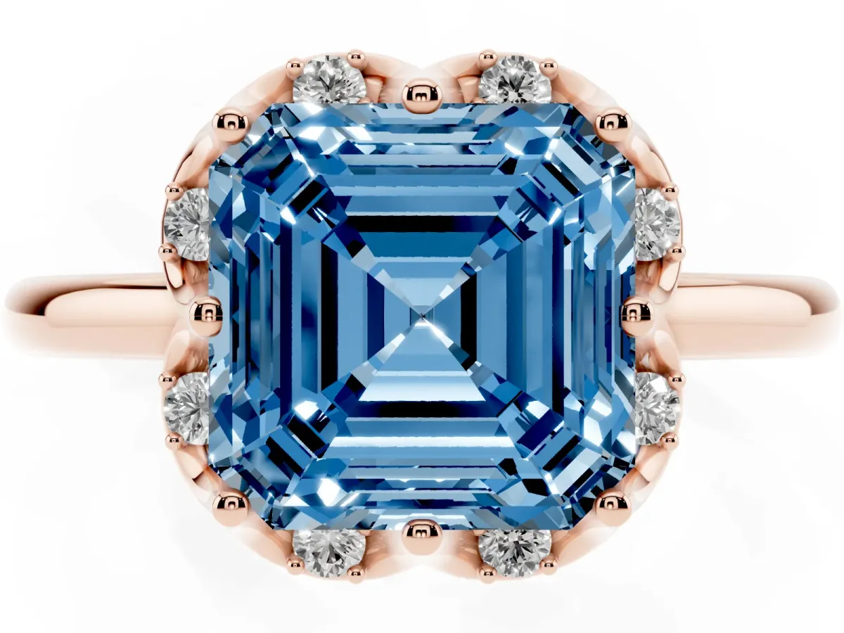 Fancy Blue Asscher Cut Halo Diamond Ring with Round Cluster Setting, Solitaire Band, and Four-Prong Setting Rose gold
