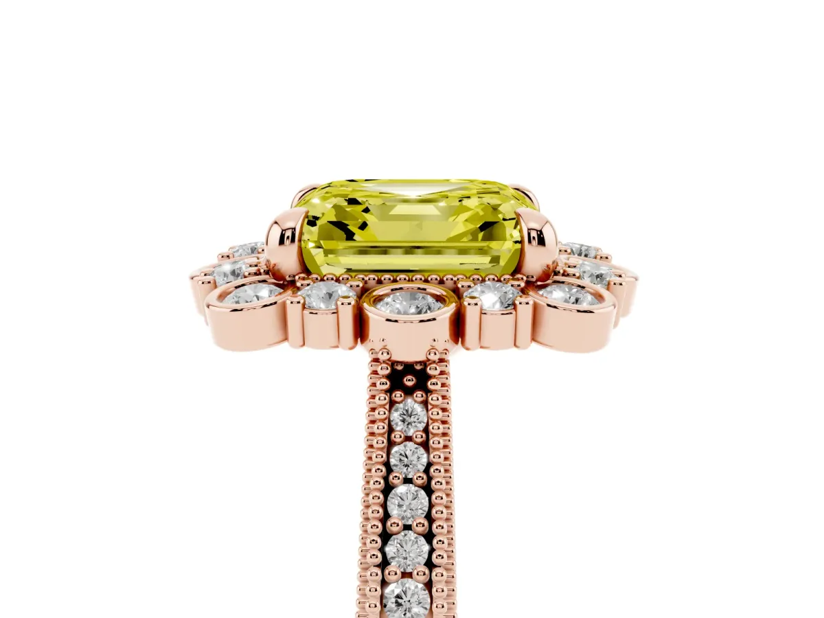 Fancy Yellow Asscher Cut Halo Milgrain Pave Diamond Ring with Four-Prong Setting Rose gold