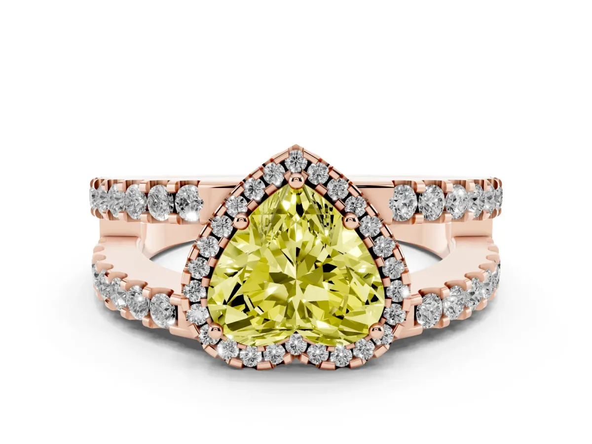 Fancy Yellow Heart Cut Cut Halo Split Shank Diamond Ring with Four-Prong Setting Rose gold