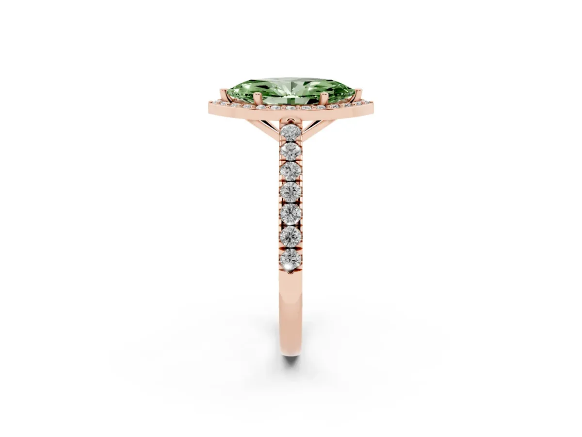 Fancy Green Marquise Cut Cut Halo Diamond Engagement Ring with Pave Band and Four-Prong Setting Rose gold