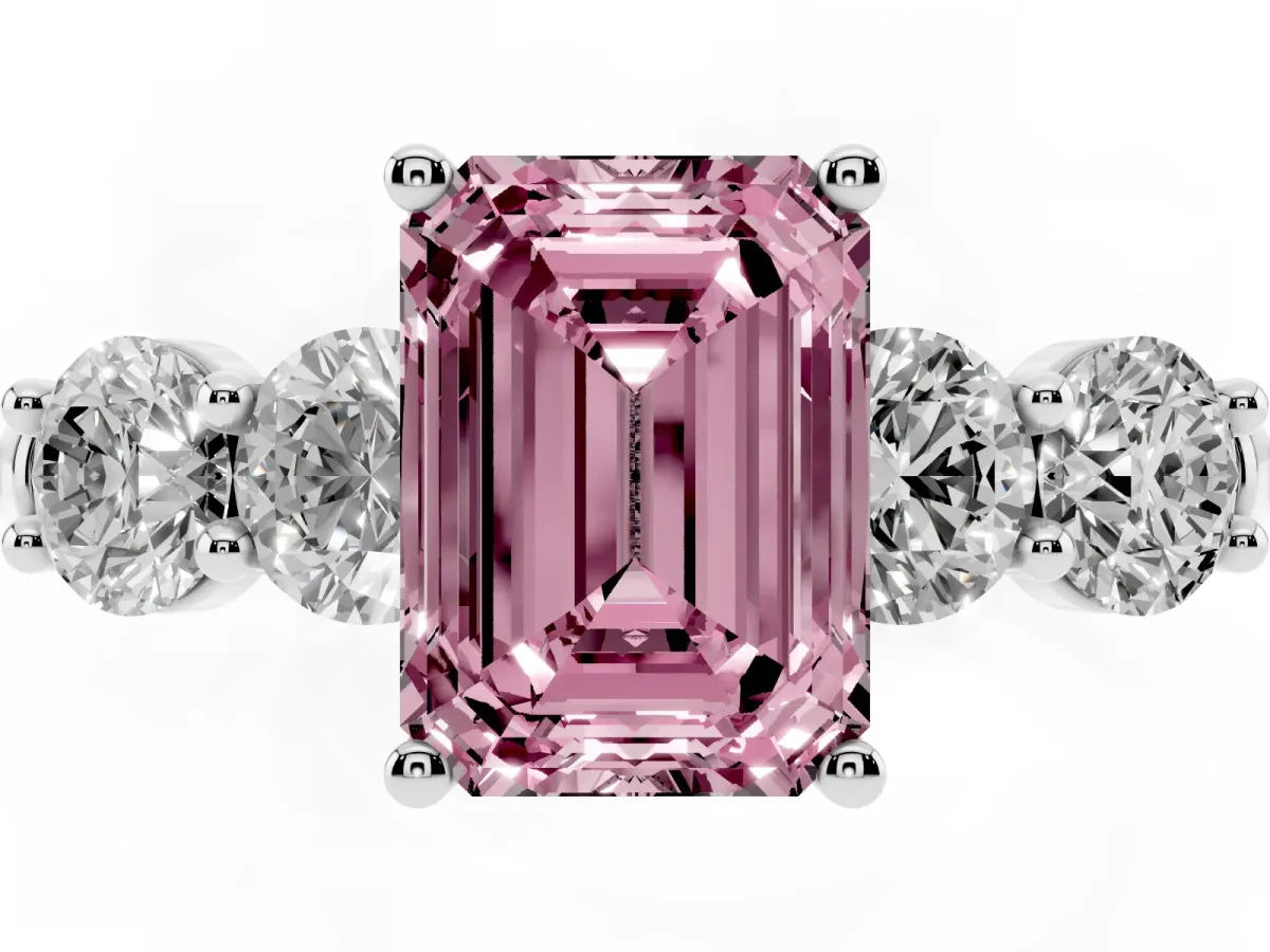 Fancy Pink Emerald Cut Cut Five-Stone Prong Set Diamond Ring with Classic Band Silver