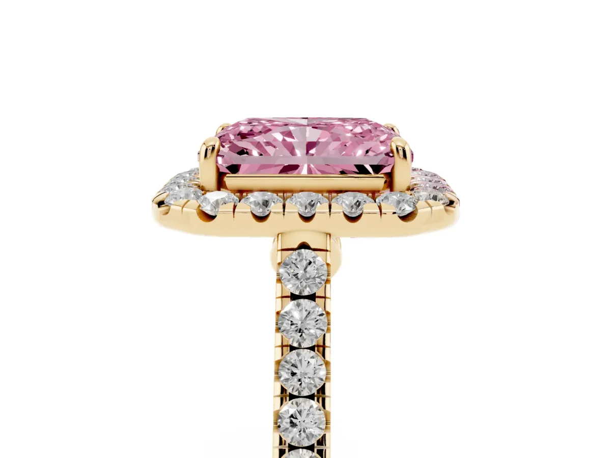 Fancy Pink Radiant Cut Halo Pave Diamond Engagement Ring with Four-Prong Setting Yellow gold