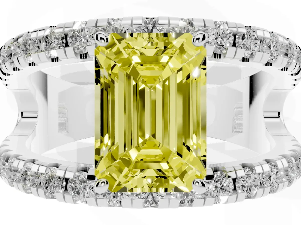 Fancy Yellow Emerald Cut Solitaire Split Shank Pave Diamond Ring Silver