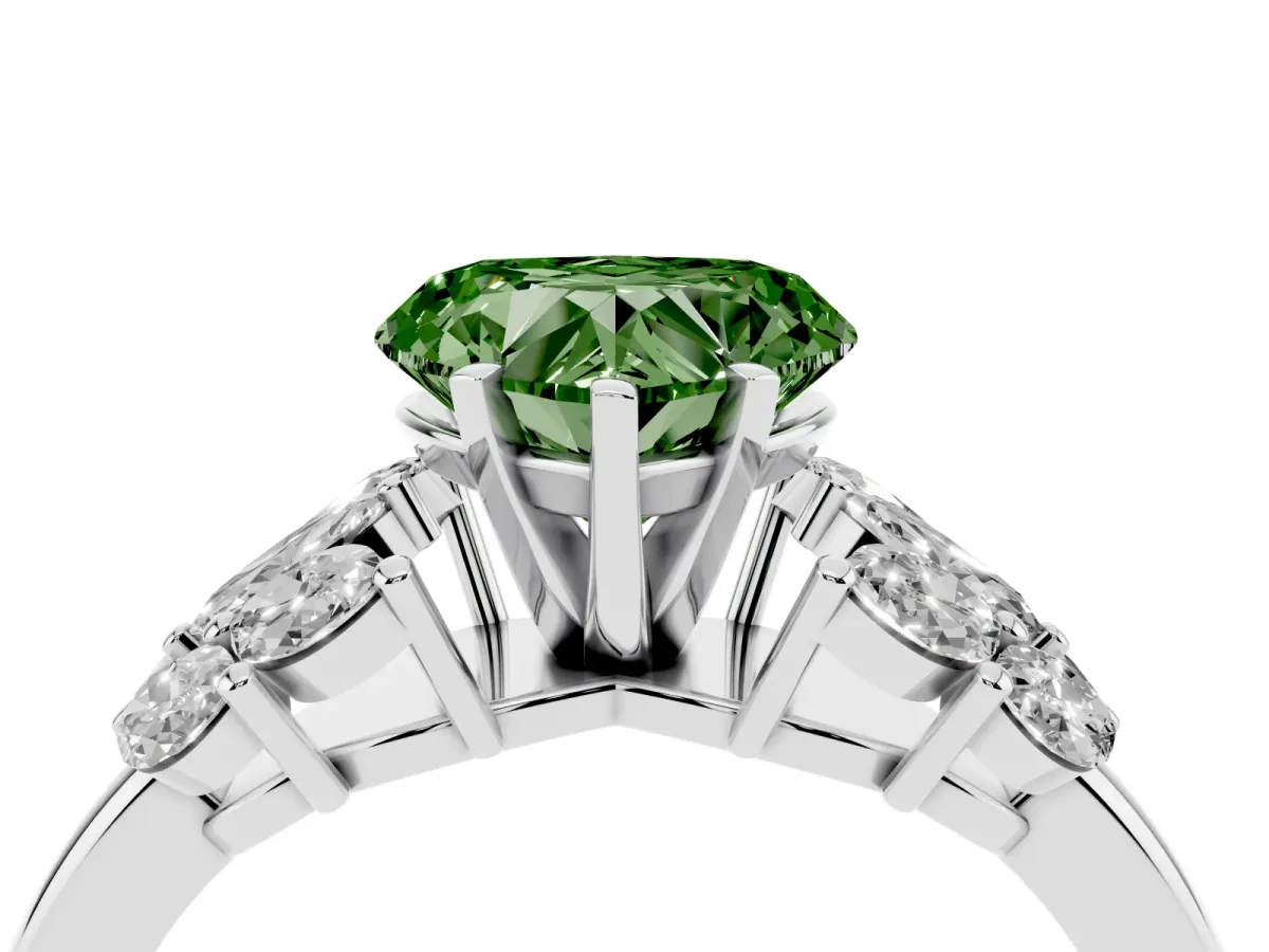 Fancy Green Heart Cut Diamond Cluster Leaf Design Ring with Prong Setting White gold