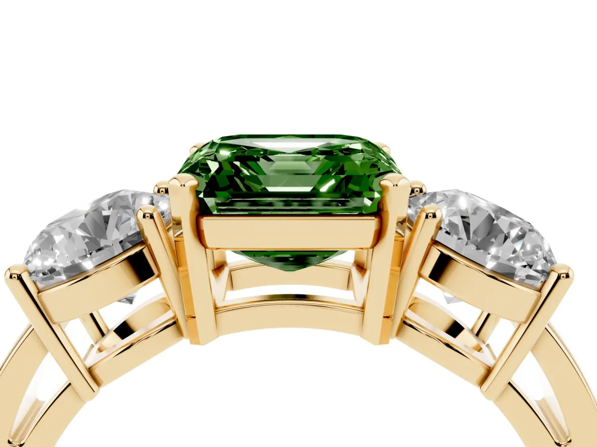 Fancy Green Three-Stone Asscher Cut Diamond Ring with Round Side Stones, Classic Band, and Four-Prong Setting Yellow gold