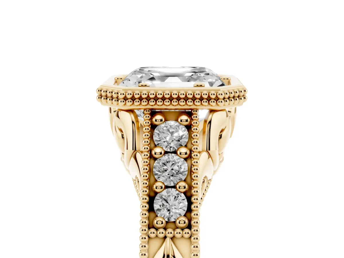 Bezel Set Asscher Cut Diamond Milgrain Pave Engagement Ring Yellow gold
