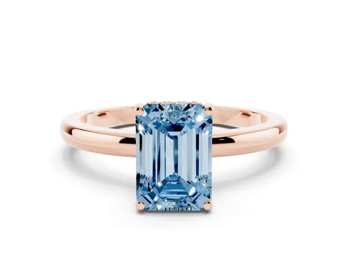Fancy Blue Emerald Cut Solitaire Diamond Ring with Prong Setting and Plain Band Rose gold