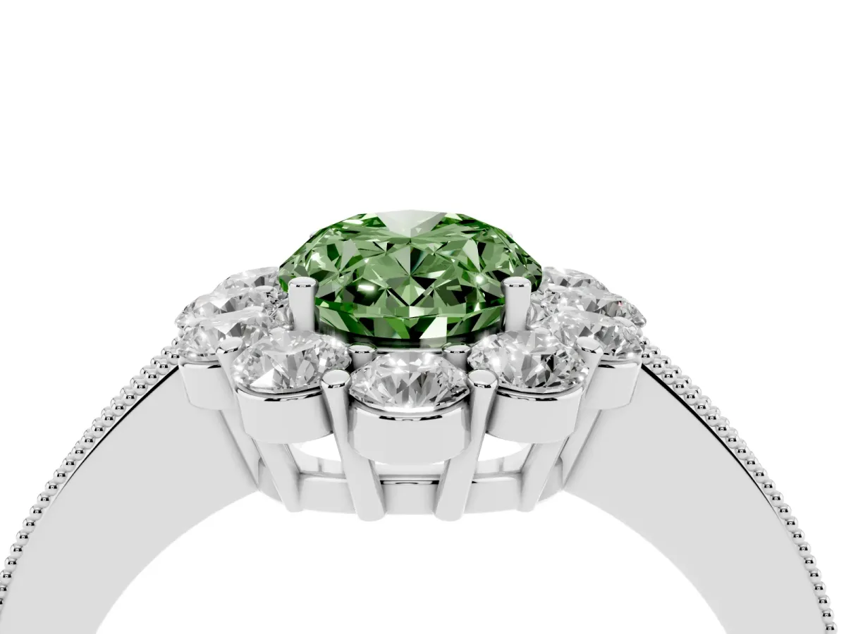 Fancy Green Oval Cut Cut Halo Diamond Pavé Engagement Ring with Milgrain Detailing Silver