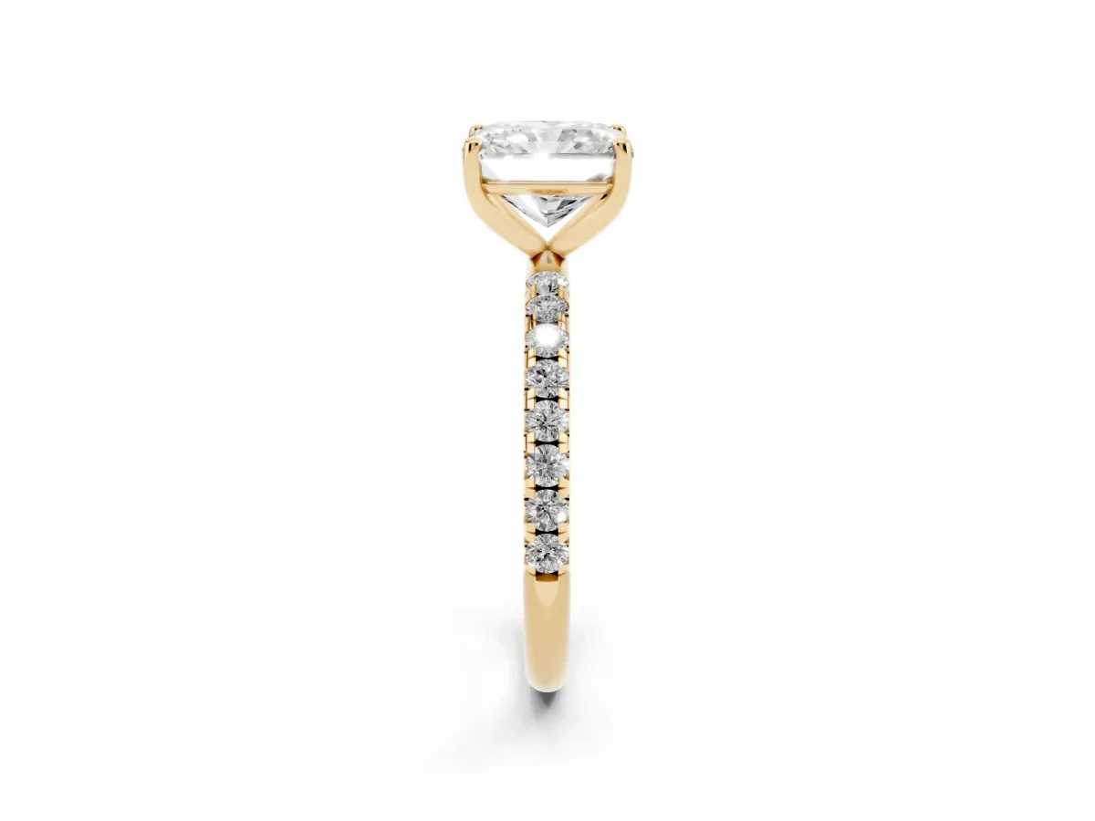 Radiant Cut Cut Diamond Solitaire Ring with Micro Pave Band and Four Prong Setting Yellow gold