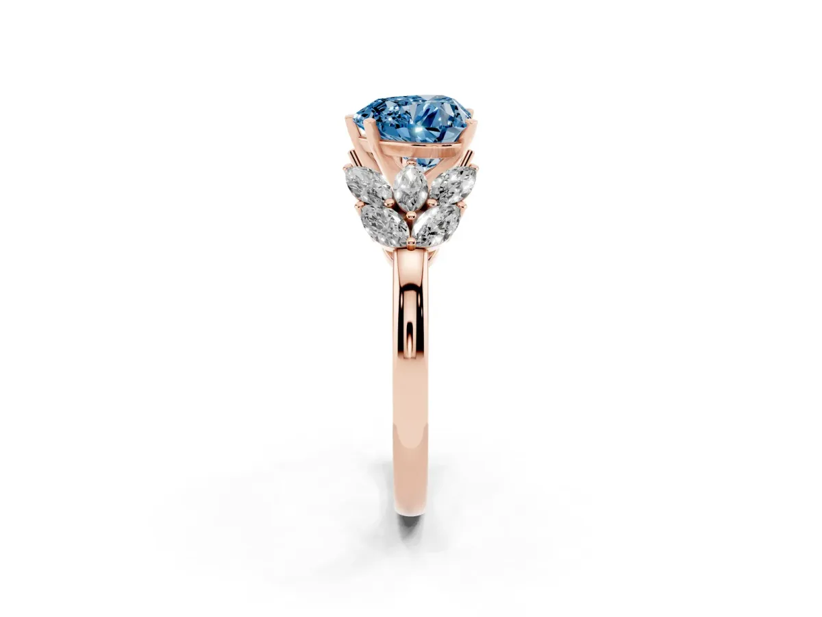Fancy Blue Heart Cut Diamond Cluster Leaf Design Ring with Prong Setting Rose gold