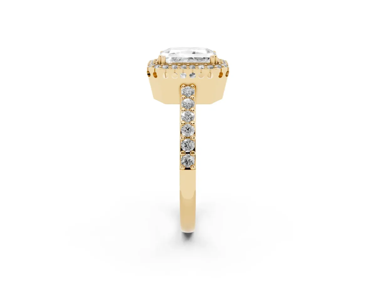 Radiant Cut Cut Diamond Halo Engagement Ring with Milgrain Detail and Pavé Band Yellow gold