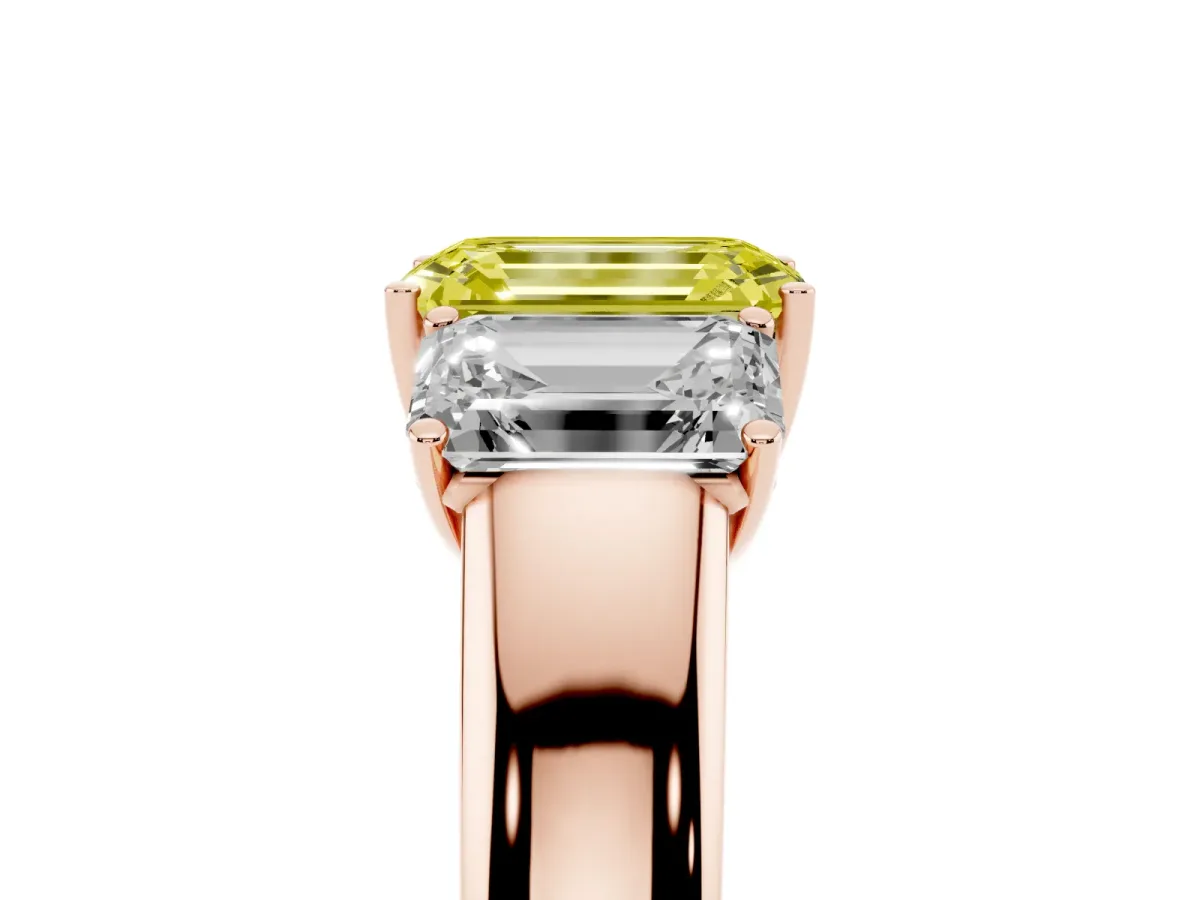 Fancy Yellow Three-Stone Emerald Cut Cut Diamond Ring with Prong Setting and Classic Band Rose gold