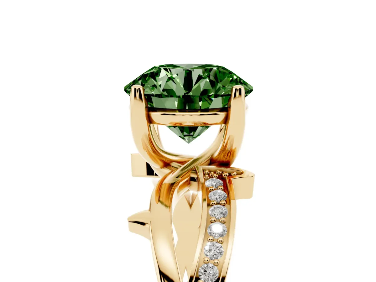 Fancy Green Round Cut Solitaire Twist Band with Pavé Accents and Four-Prong Setting Yellow gold