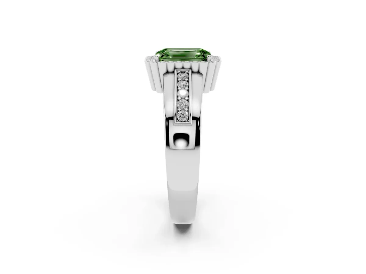 Fancy Green Emerald Cut Cut Halo Pave Band Four-Prong Ring Silver