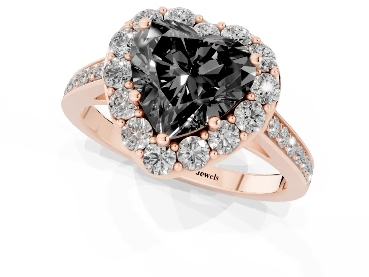 Fancy Black Heart Cut Diamond Floral Halo Ring with Pavé Band and Prong Setting Rose gold
