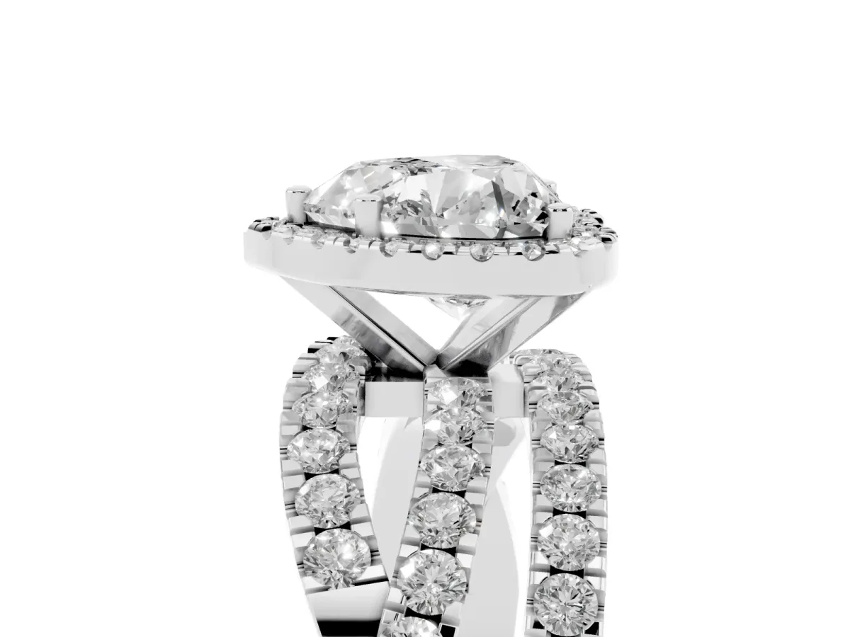 Heart Cut Diamond Halo Ring with Round Split Shank and Prong Setting White gold