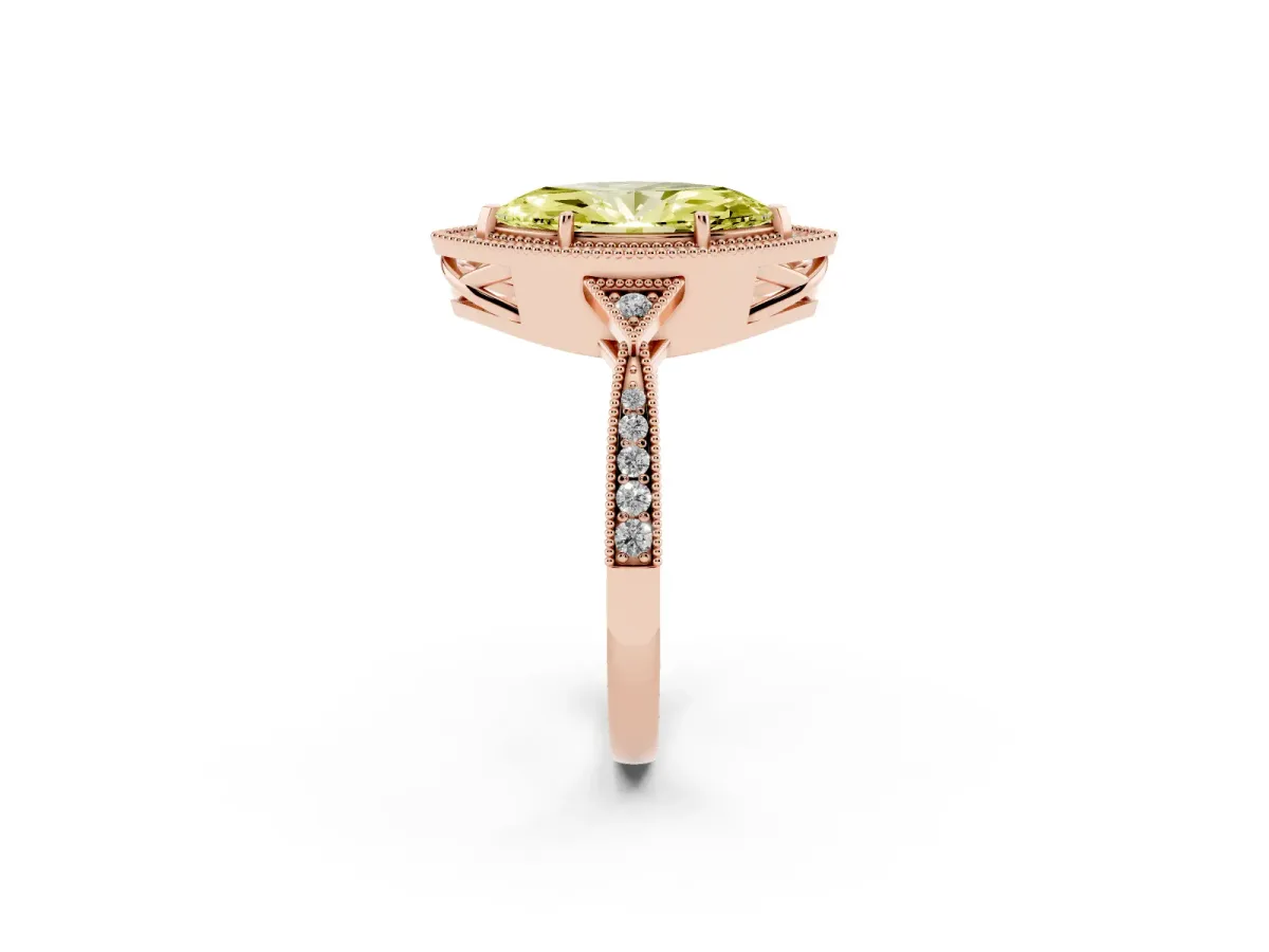 Fancy Yellow Marquise Cut Halo Round Diamond Milgrain Pave Engagement Ring Rose gold
